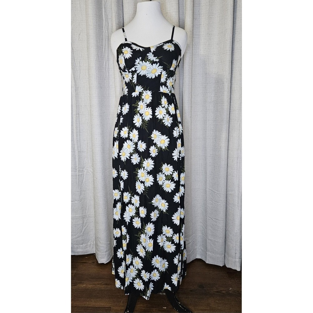 Black Daisy Print‎ Maxi Dress Spaghetti Strap Sundress Medium